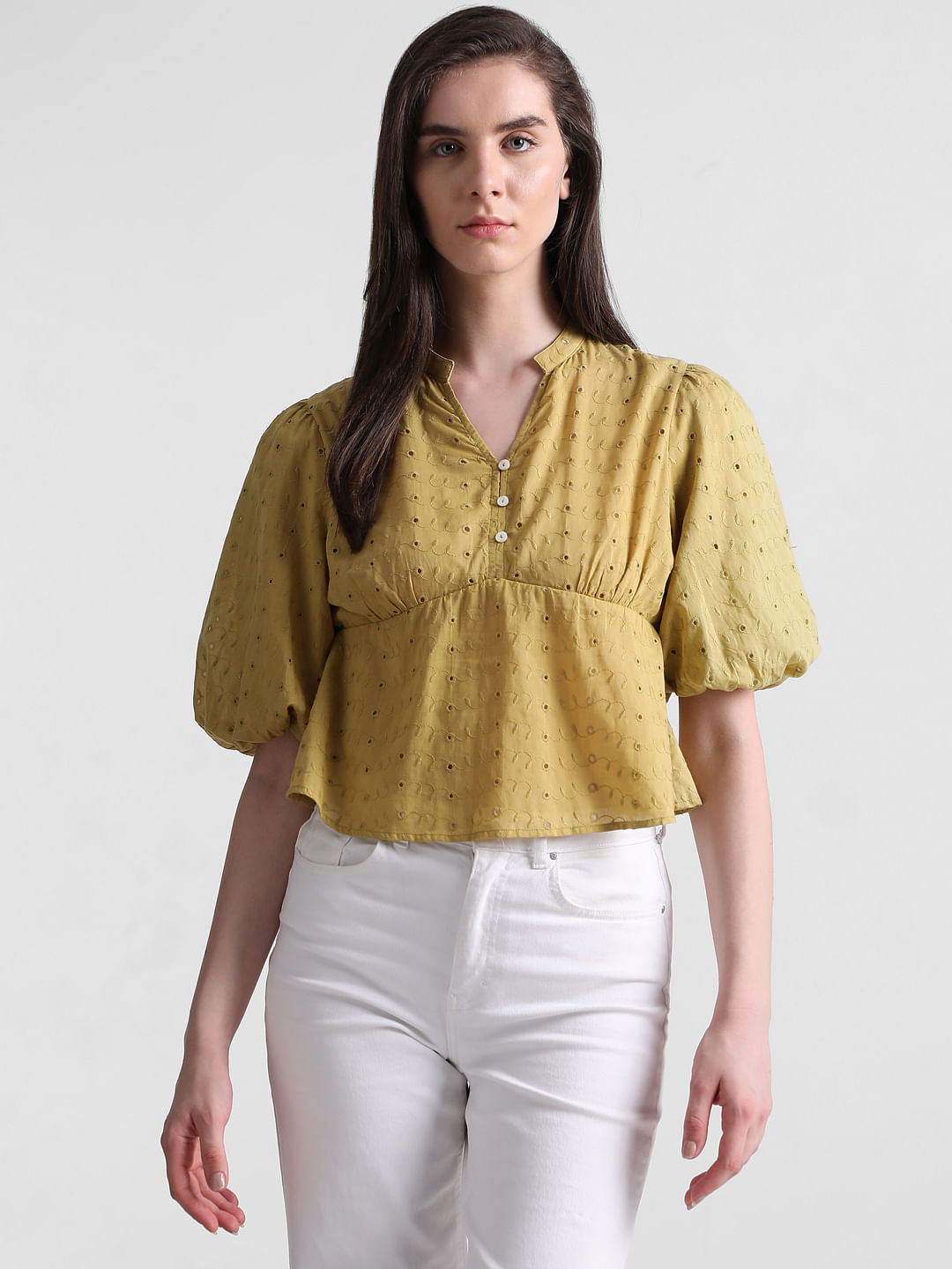 Green Embroidered Peplum Top