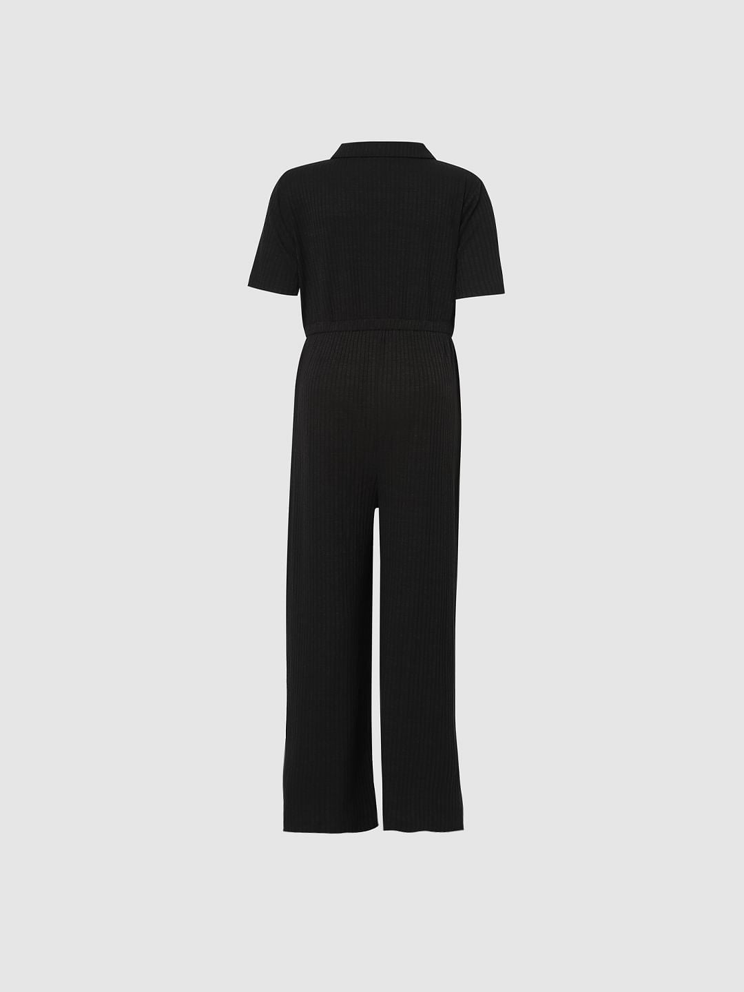 Girls Black Collared Ribbed Jumpsuit