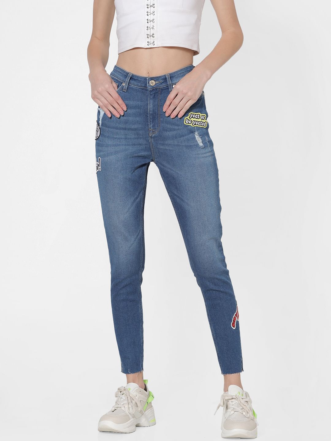 Blue Mid Rise Patch Print Distressed Skinny Jeans