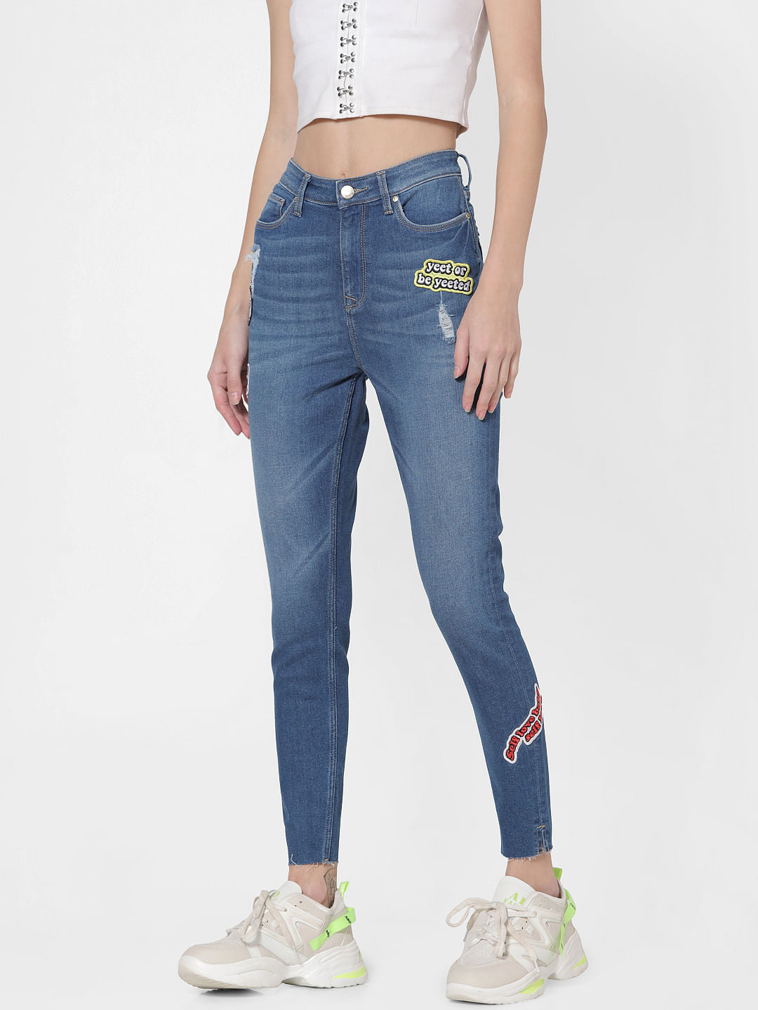 Blue Mid Rise Patch Print Distressed Skinny Jeans