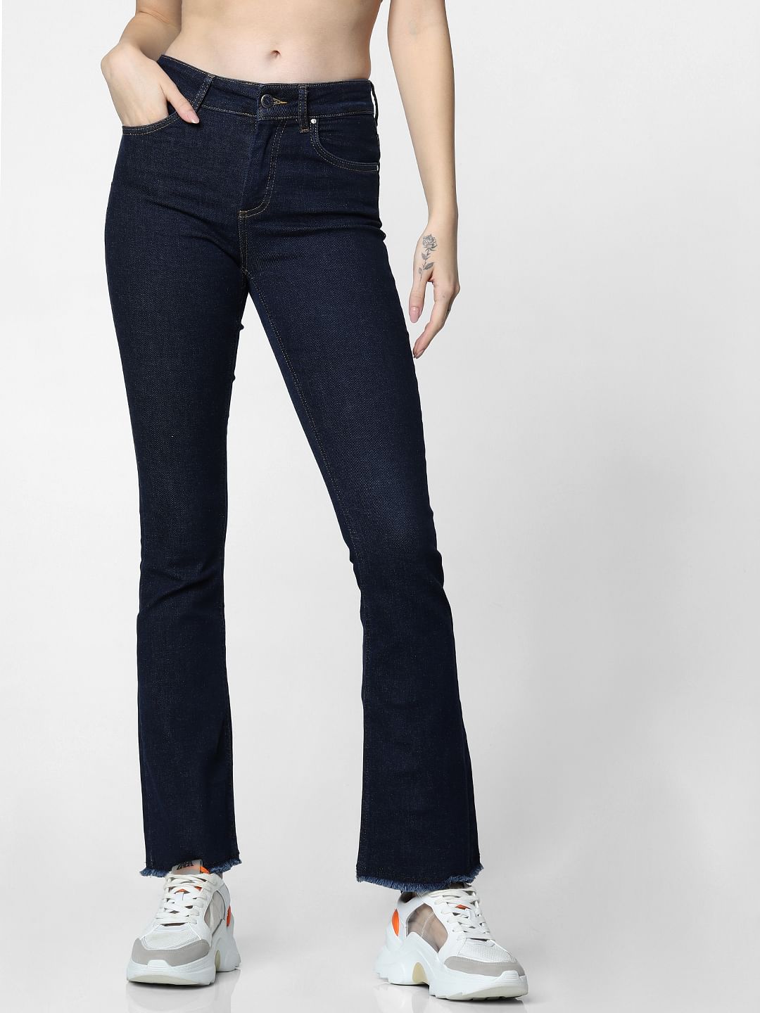 Mid Waist Only Denim Dark Blue Mid Rise Flared Jeans