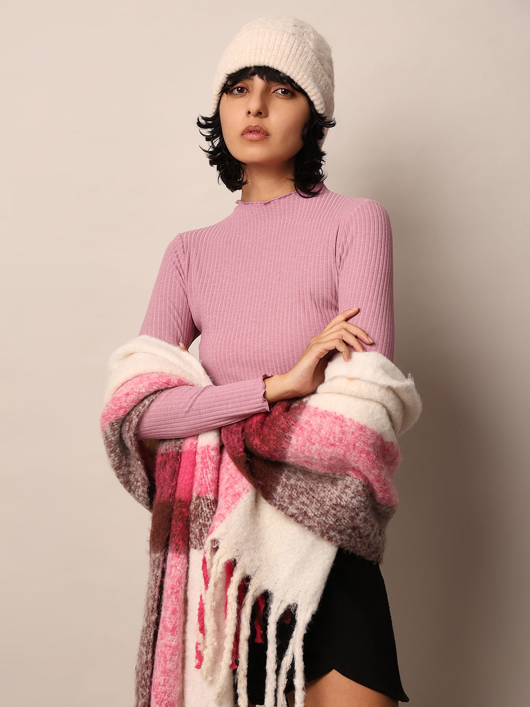 Lilac Red Rib-Knit Top