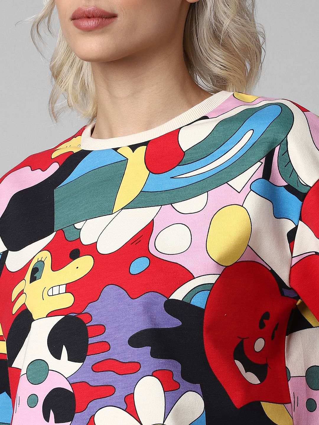 White All Over Print Cropped Sweatshirt