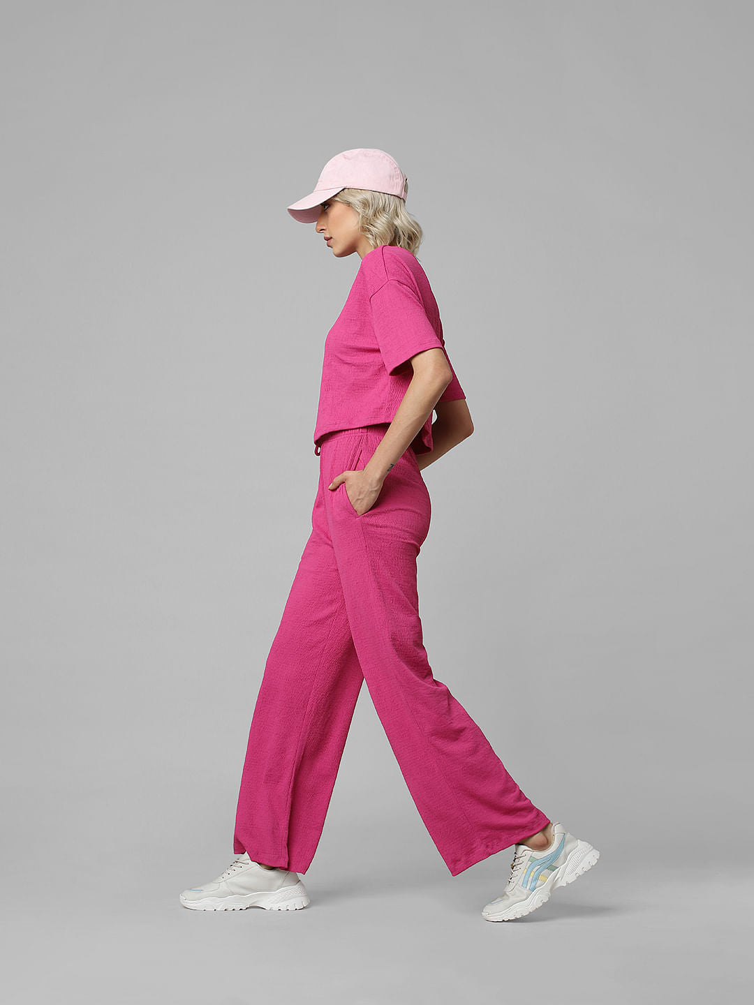 Pink High Rise Textured Co-Ord Set Pants