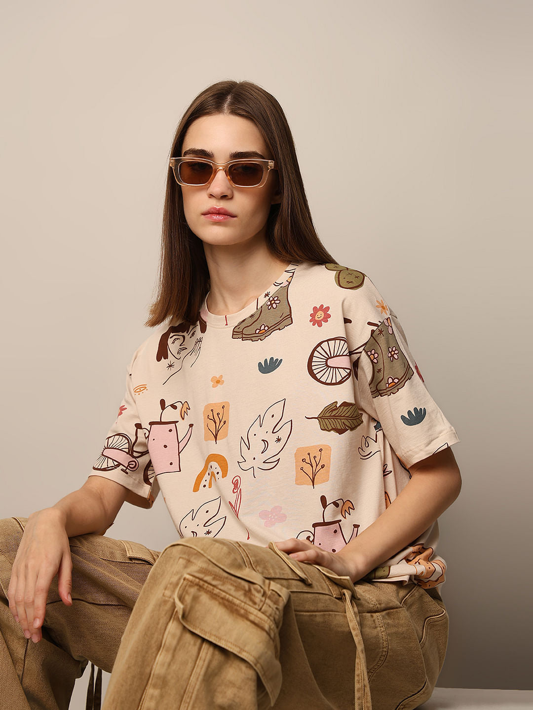 Ecru Printed Cotton Oversized T-Shirt