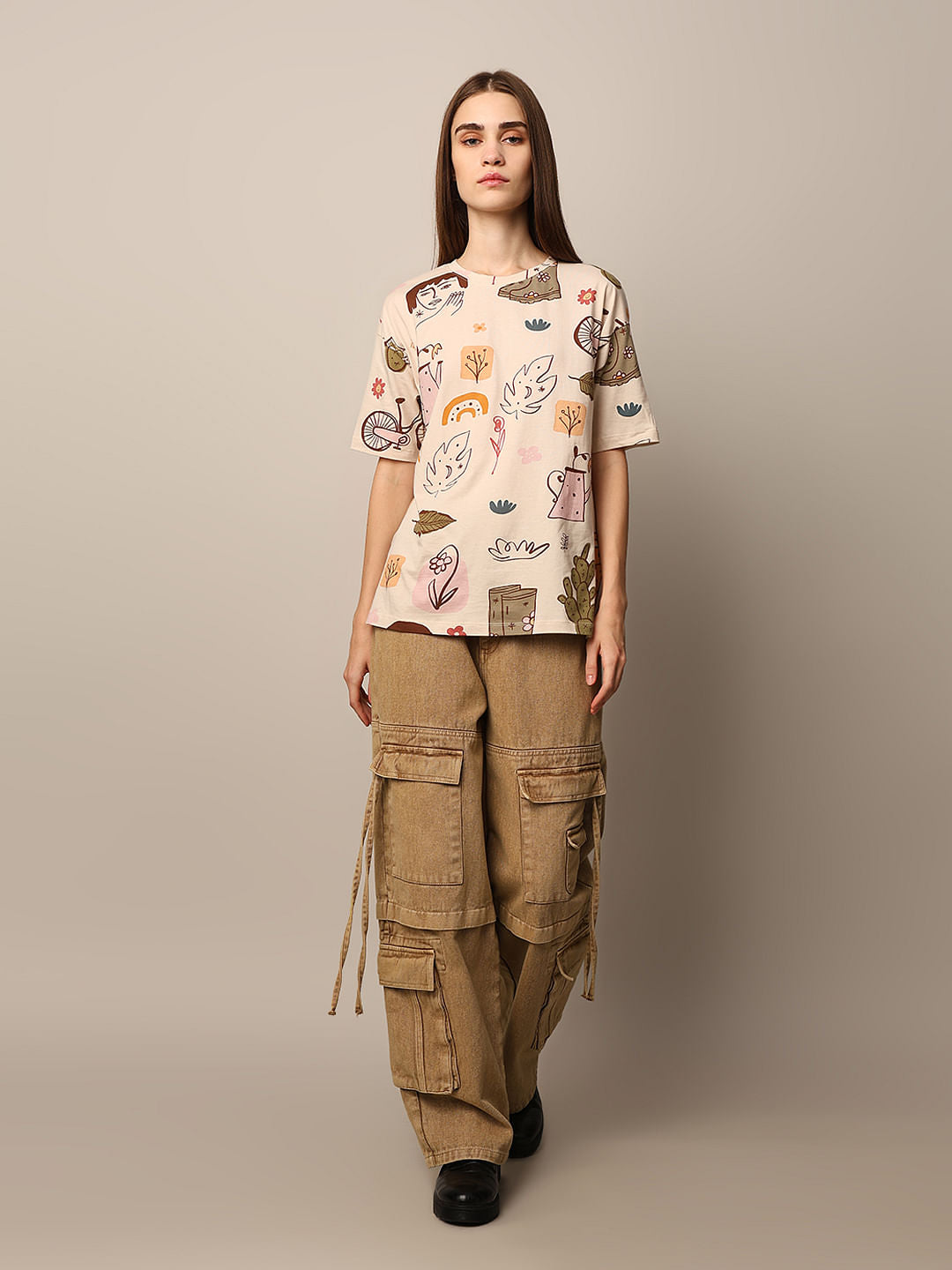 Ecru Printed Cotton Oversized T-Shirt
