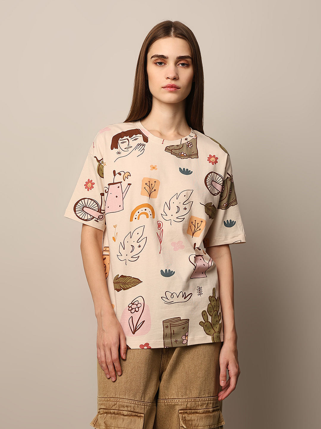 Ecru Printed Cotton Oversized T-Shirt