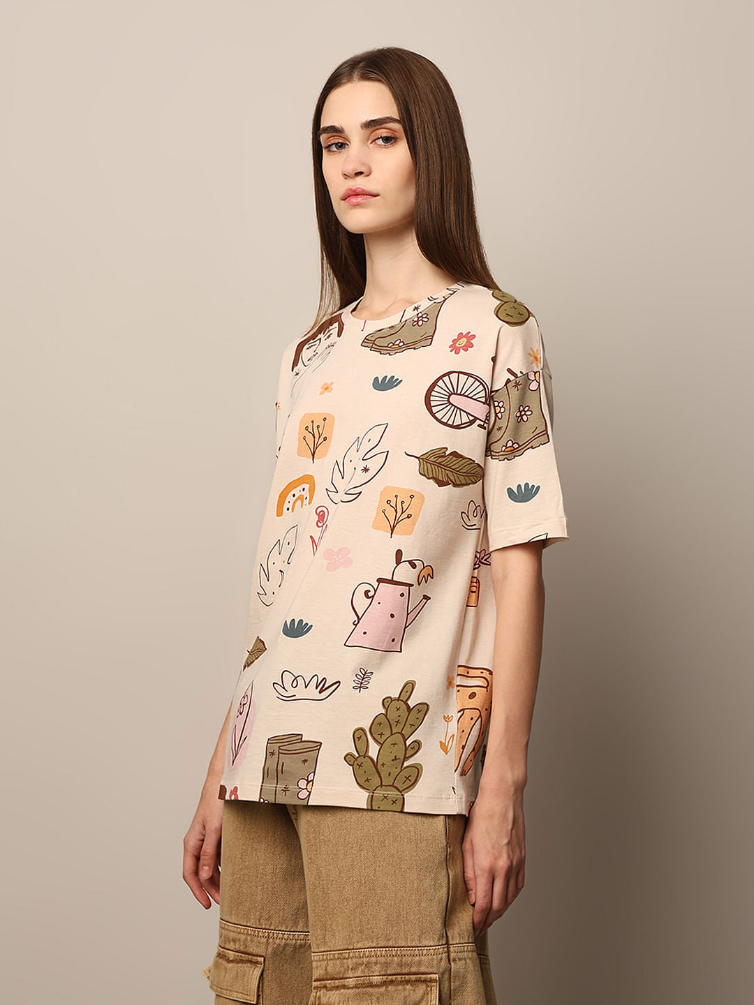 Ecru Printed Cotton Oversized T-Shirt