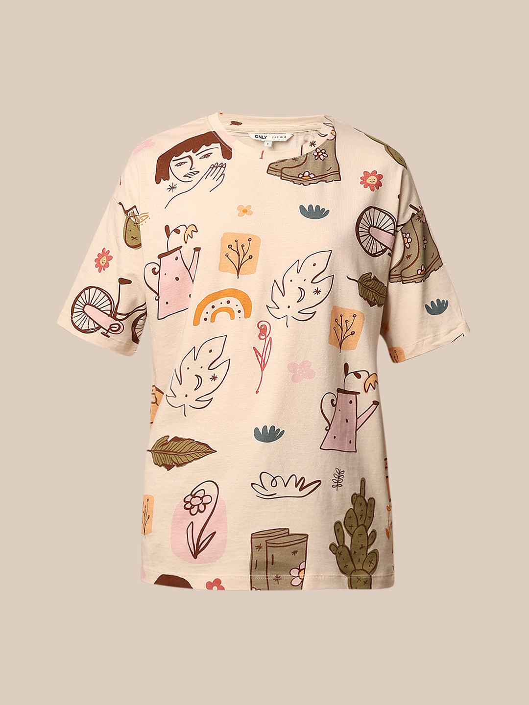 Ecru Printed Cotton Oversized T-Shirt