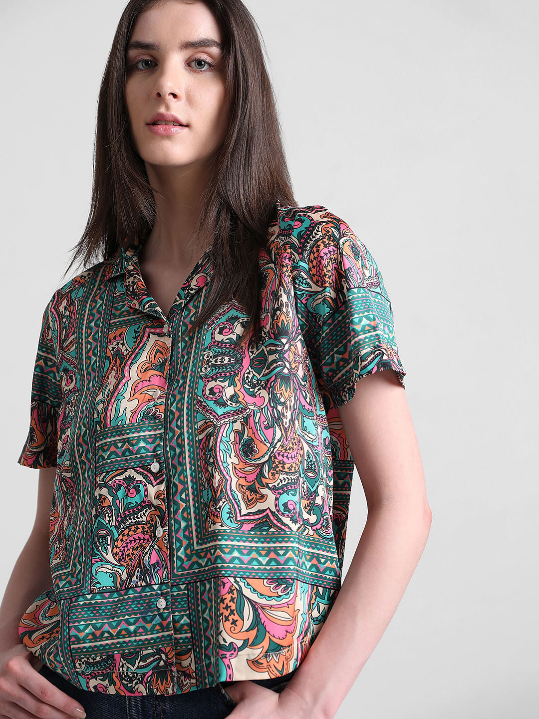 Green Abstract Print Satin Shirt