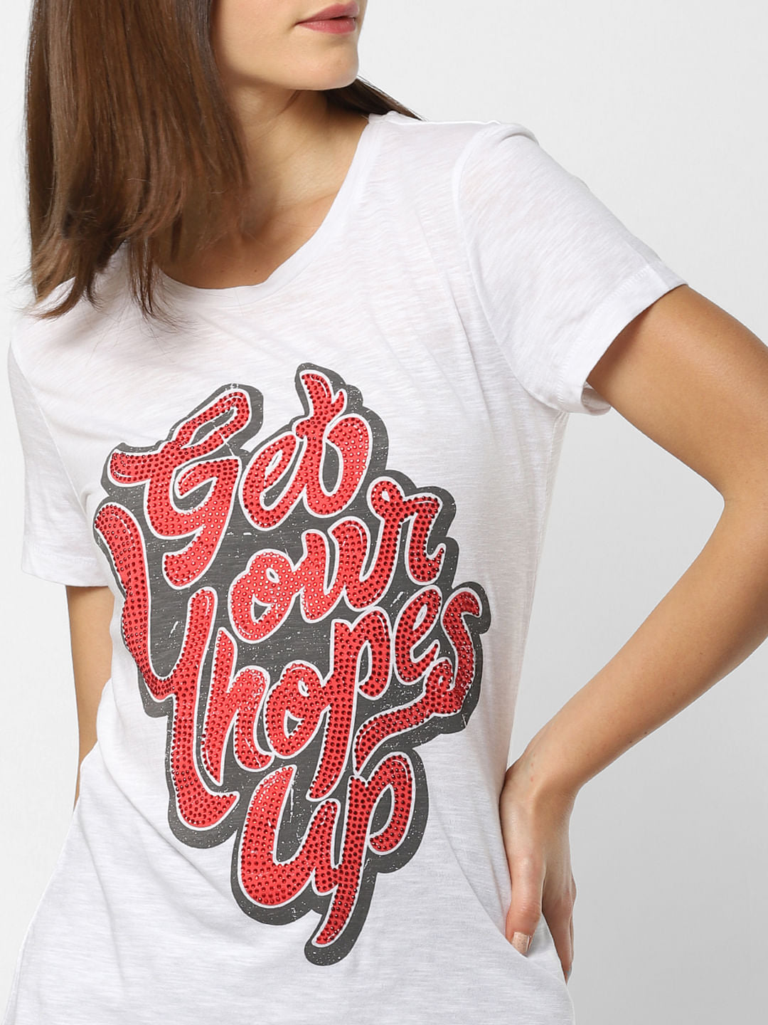 White Embellished Print T-Shirt