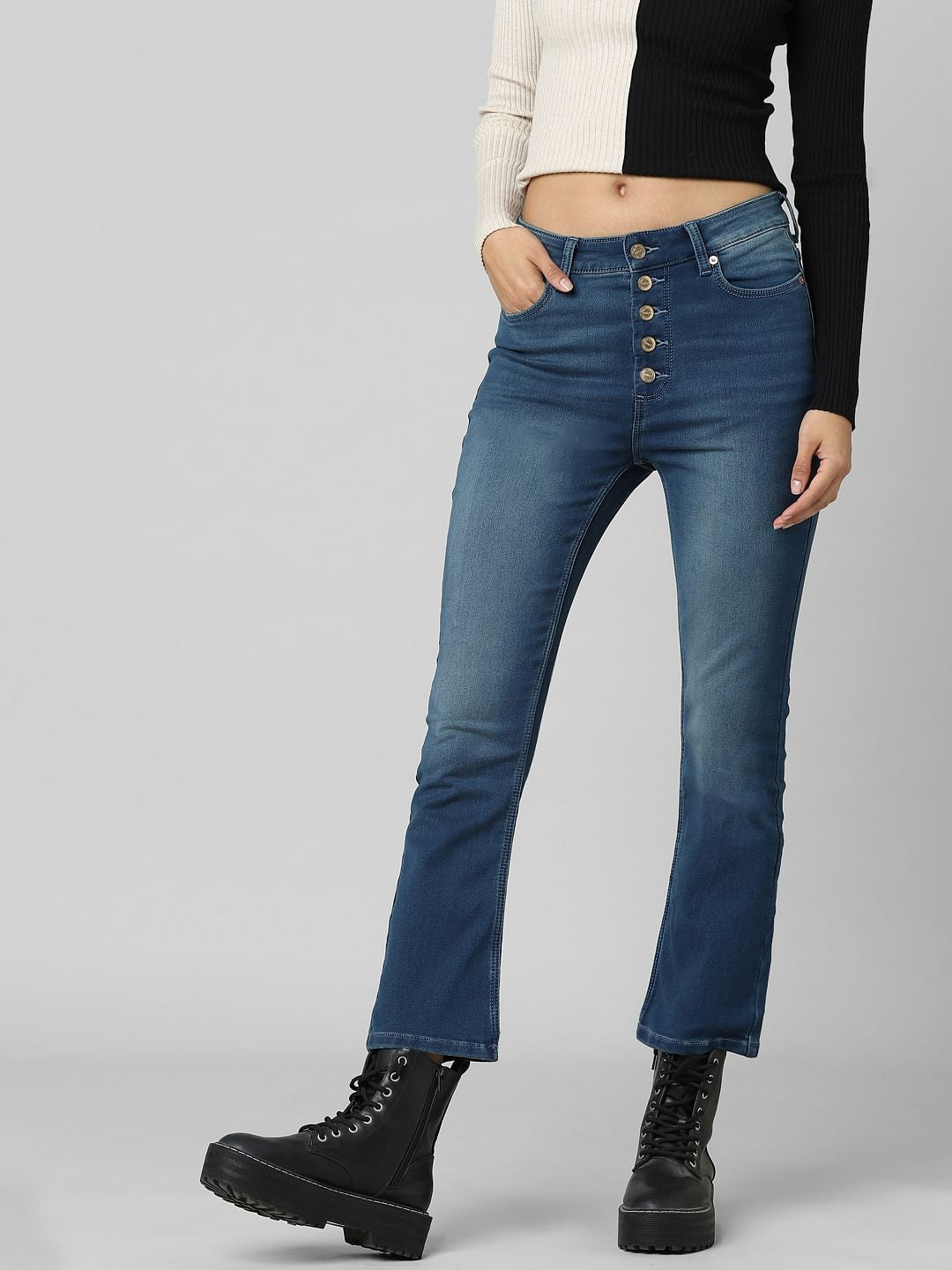 Blue High Rise Washed Flared Jeans