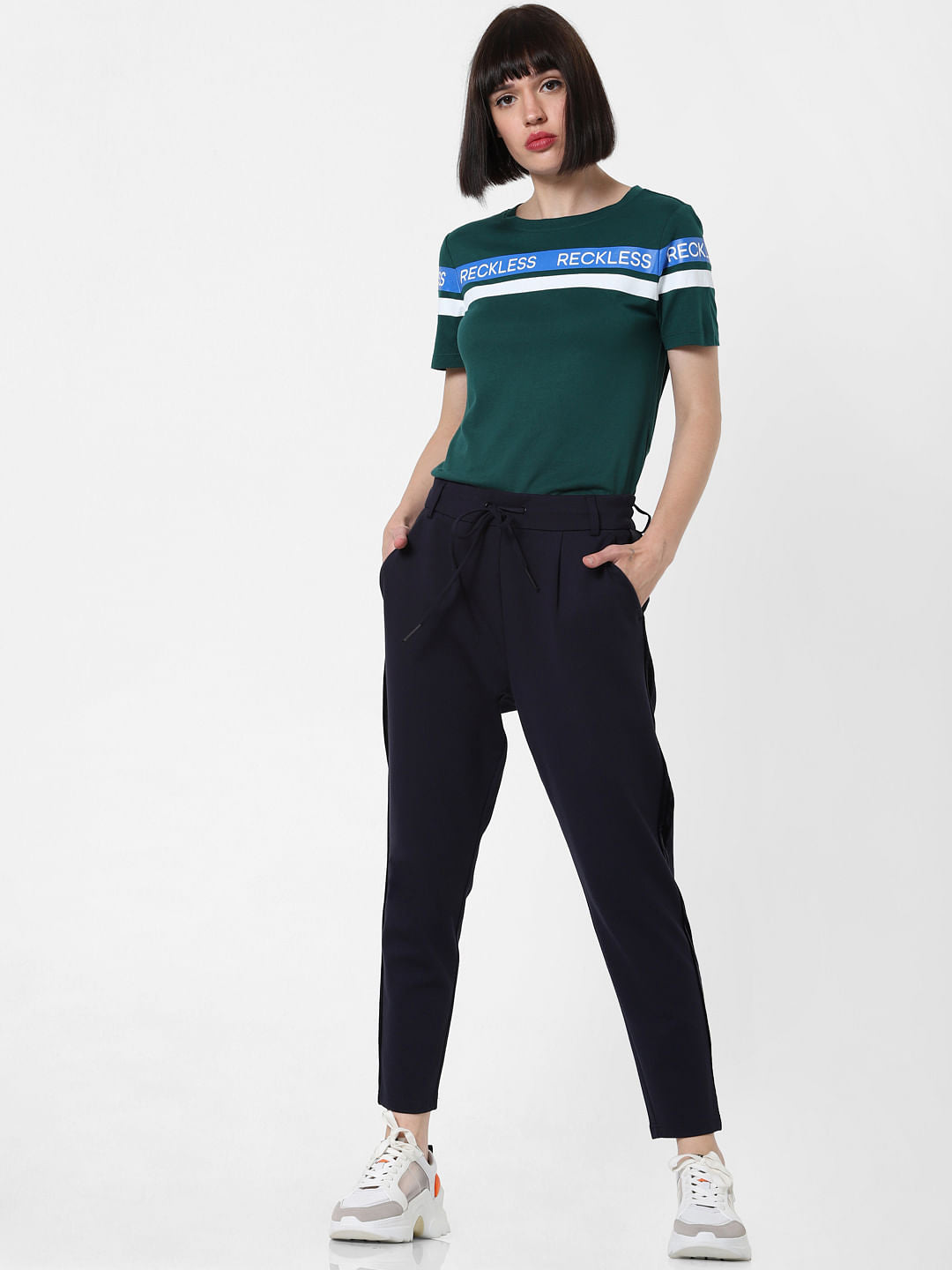 Navy Blue Mid Rise Tape Detail Joggers