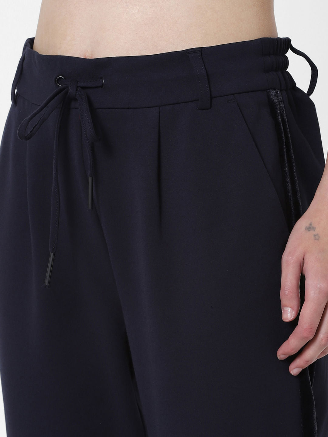 Navy Blue Mid Rise Tape Detail Joggers