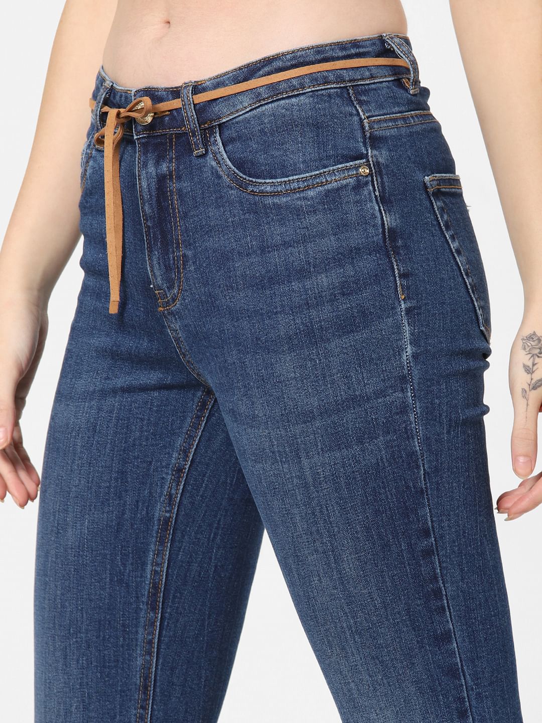 Dark Blue Mid Rise Cropped Flared Jeans