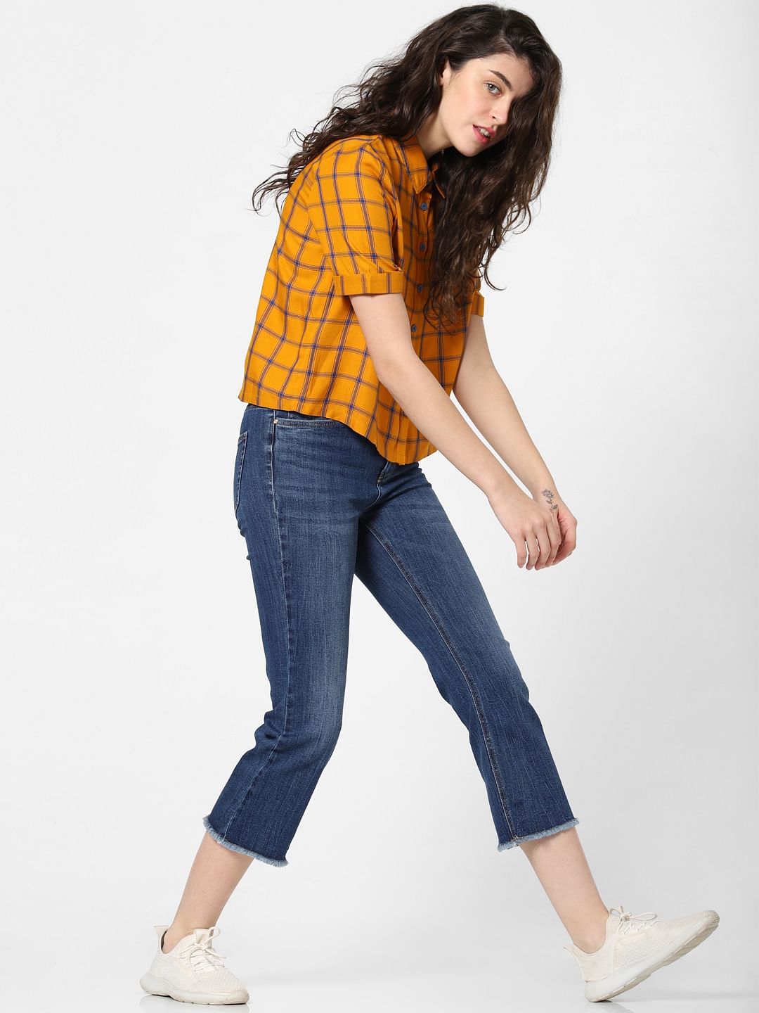 Dark Blue Mid Rise Cropped Flared Jeans
