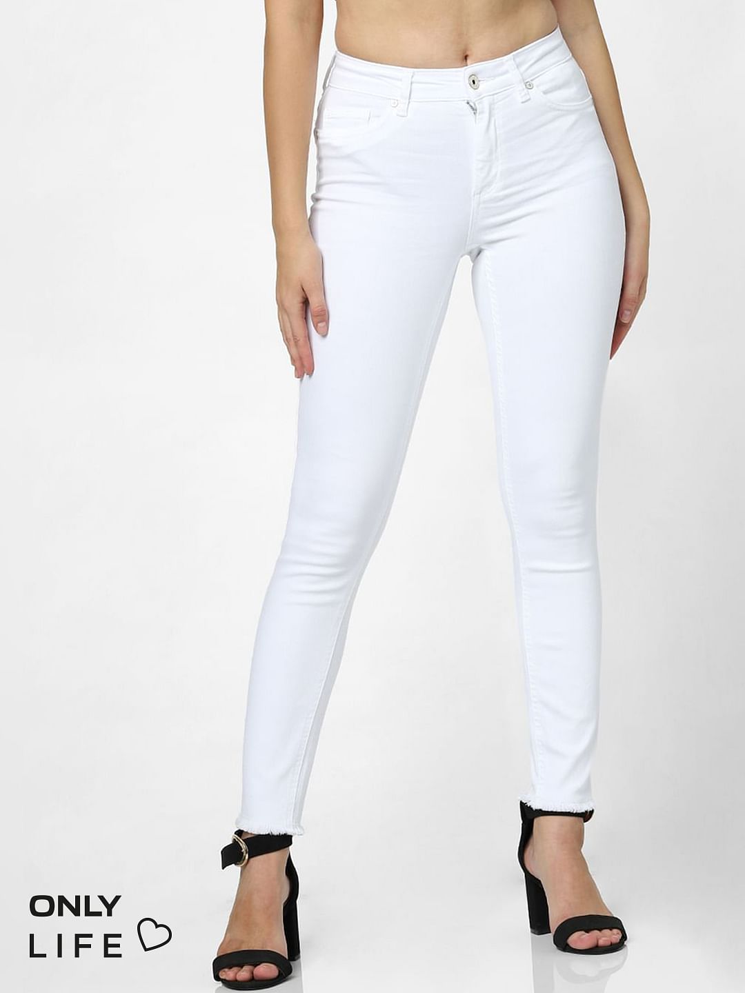 White Mid Rise Raw Edge Skinny Fit Jeans
