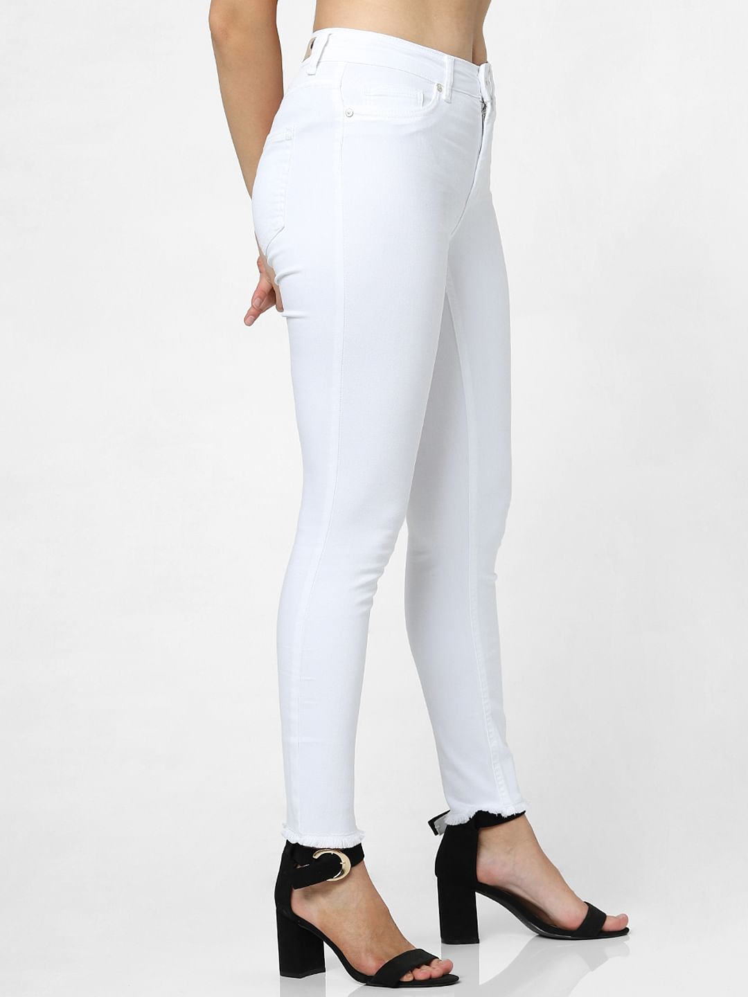 White Mid Rise Raw Edge Skinny Fit Jeans