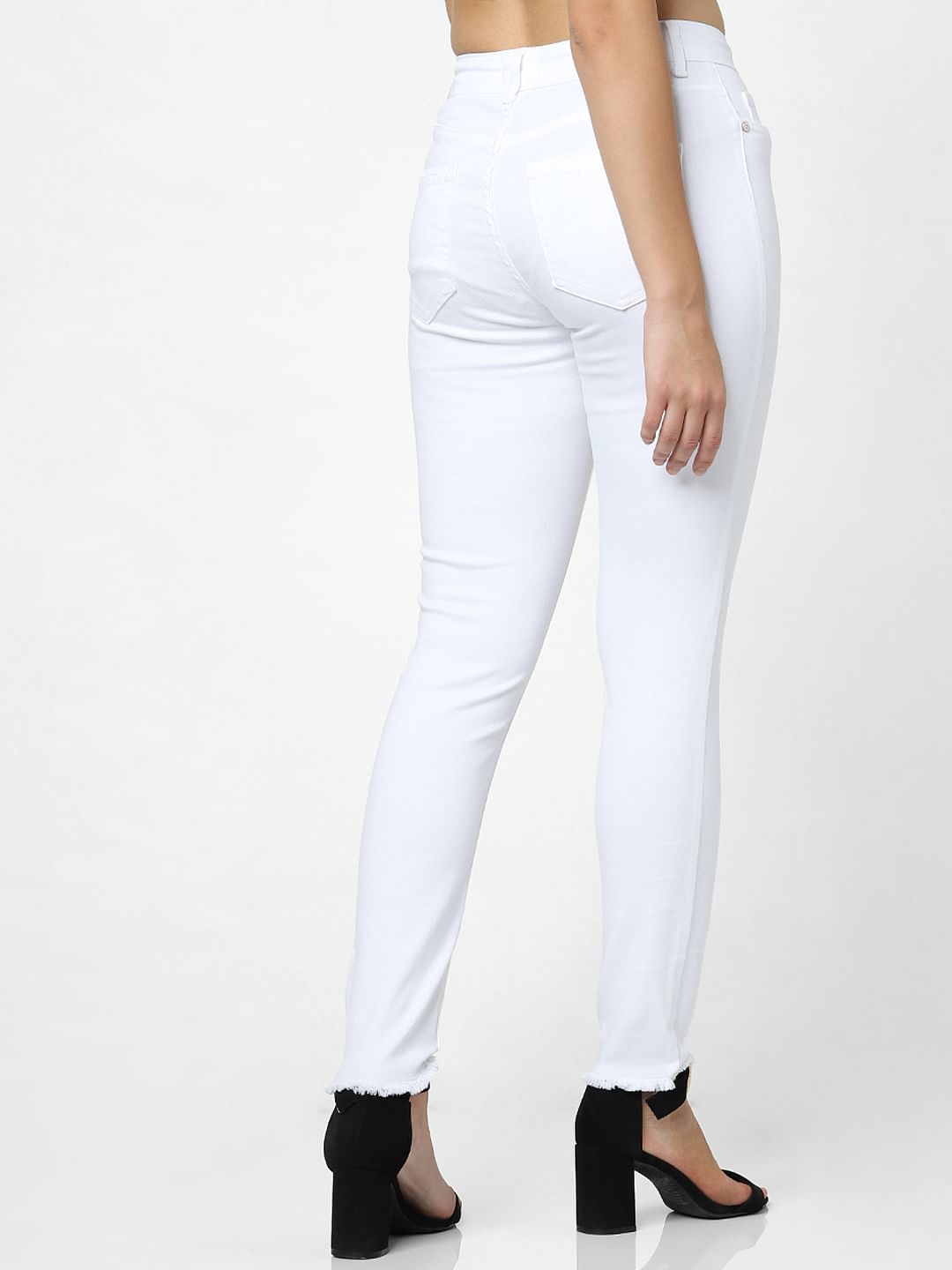 White Mid Rise Raw Edge Skinny Fit Jeans