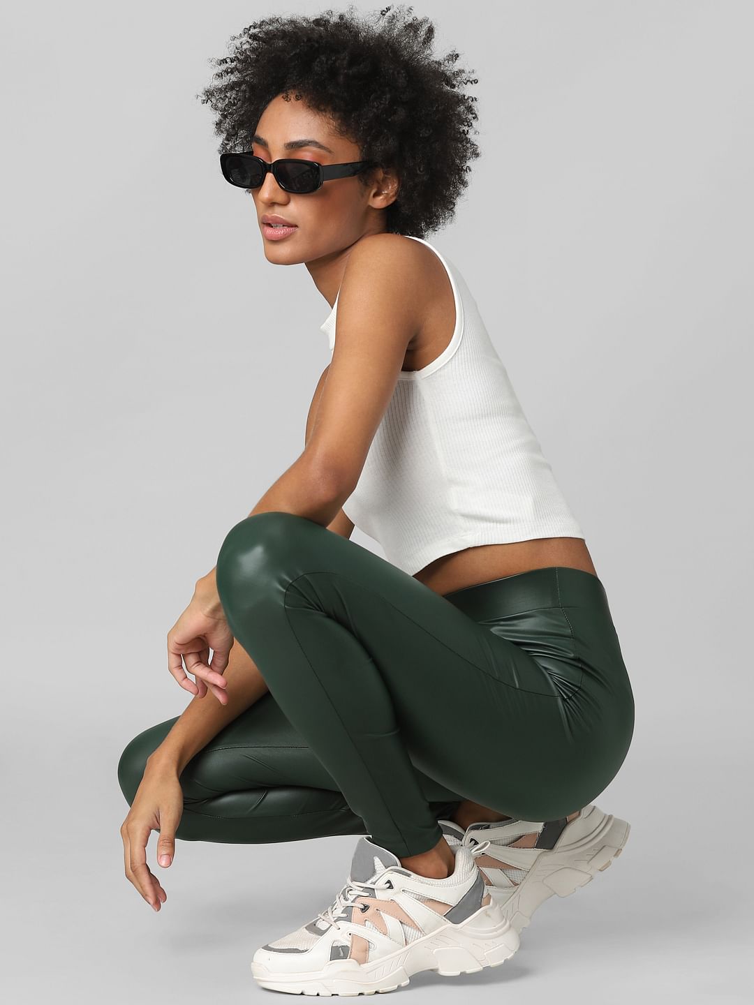 Green High Rise Faux Leather Leggings