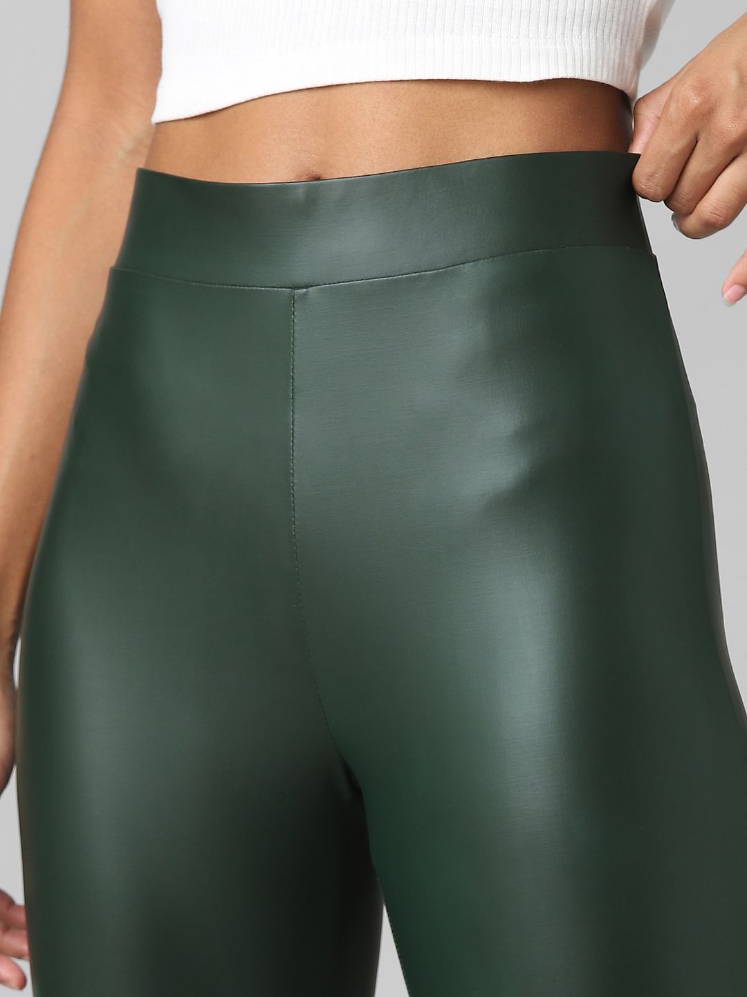 Green High Rise Faux Leather Leggings
