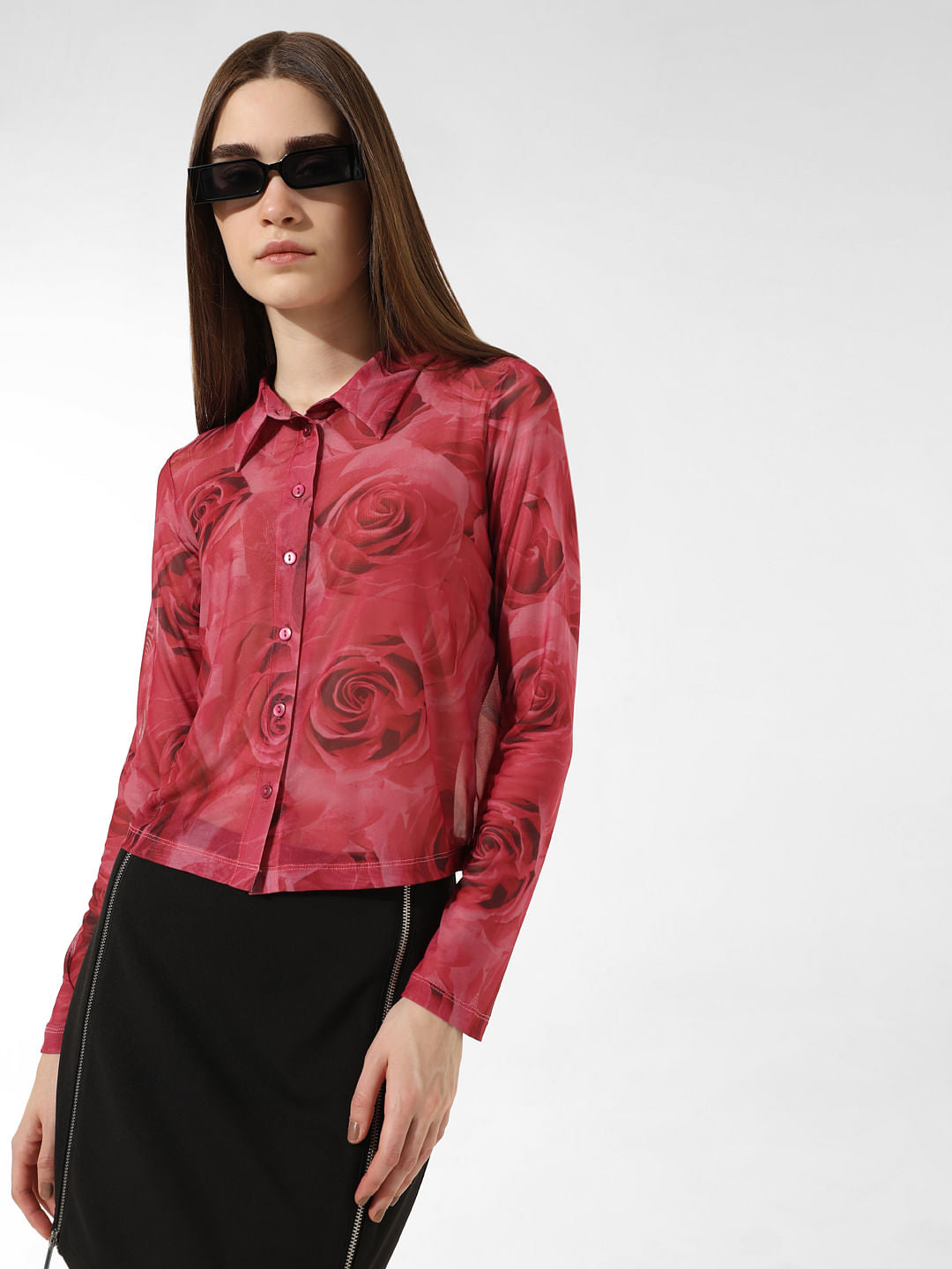 Red Printed Mesh Shirt