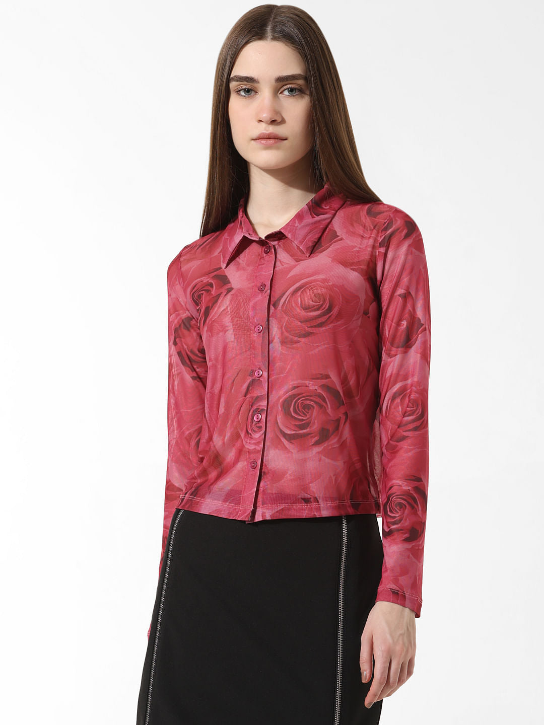 Red Printed Mesh Shirt