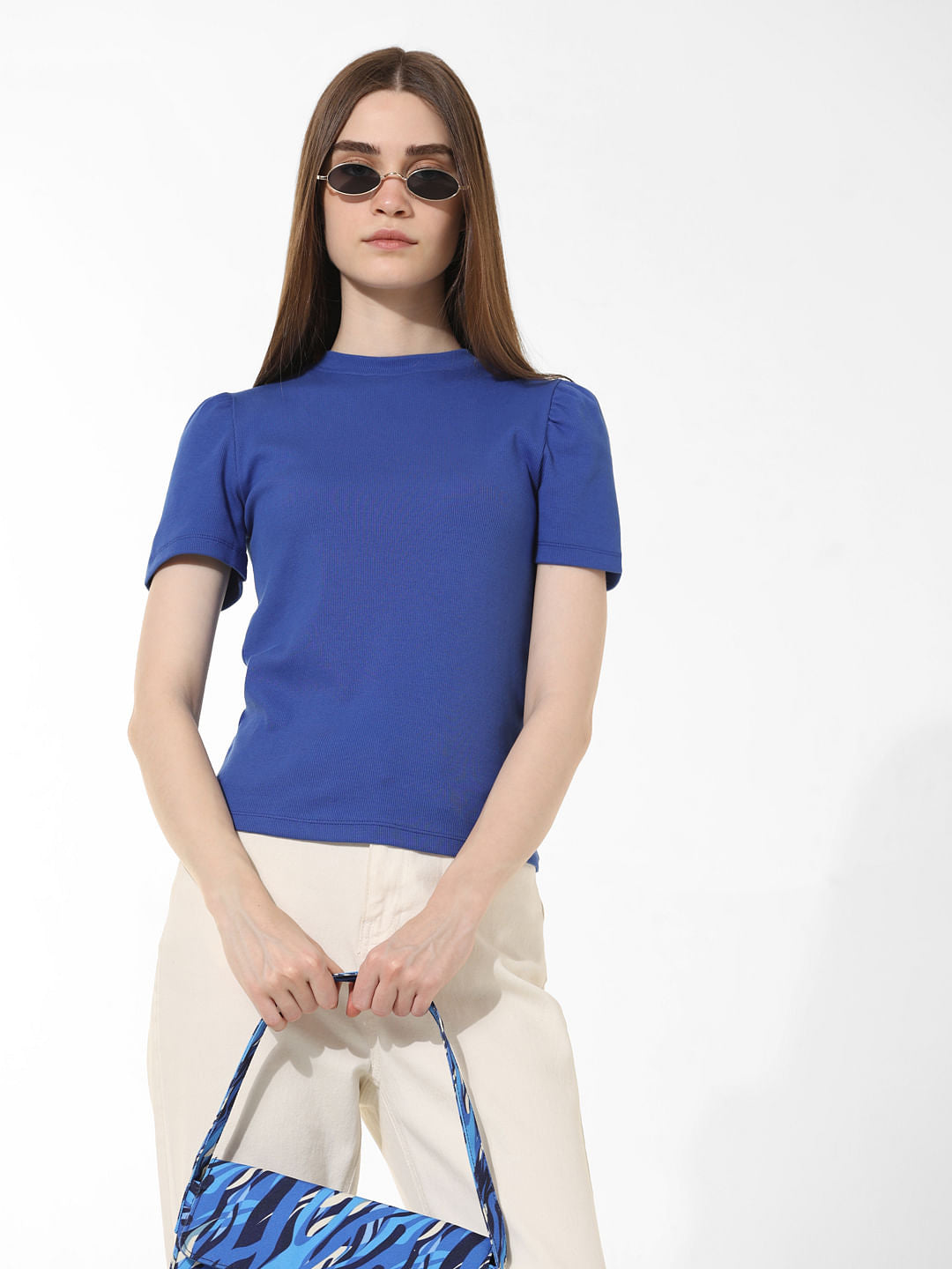 Blue Puff-Sleeves Top