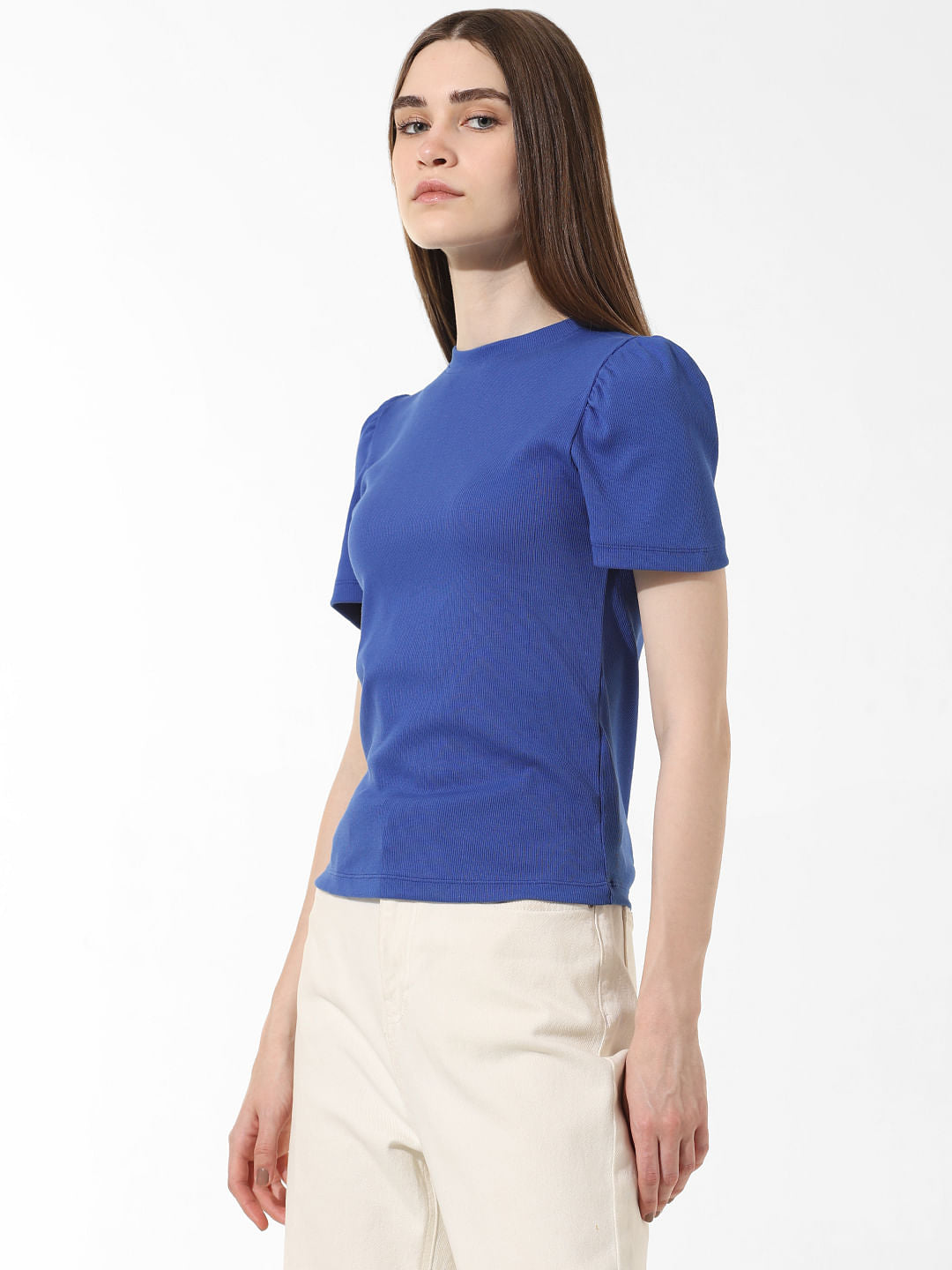 Blue Puff-Sleeves Top