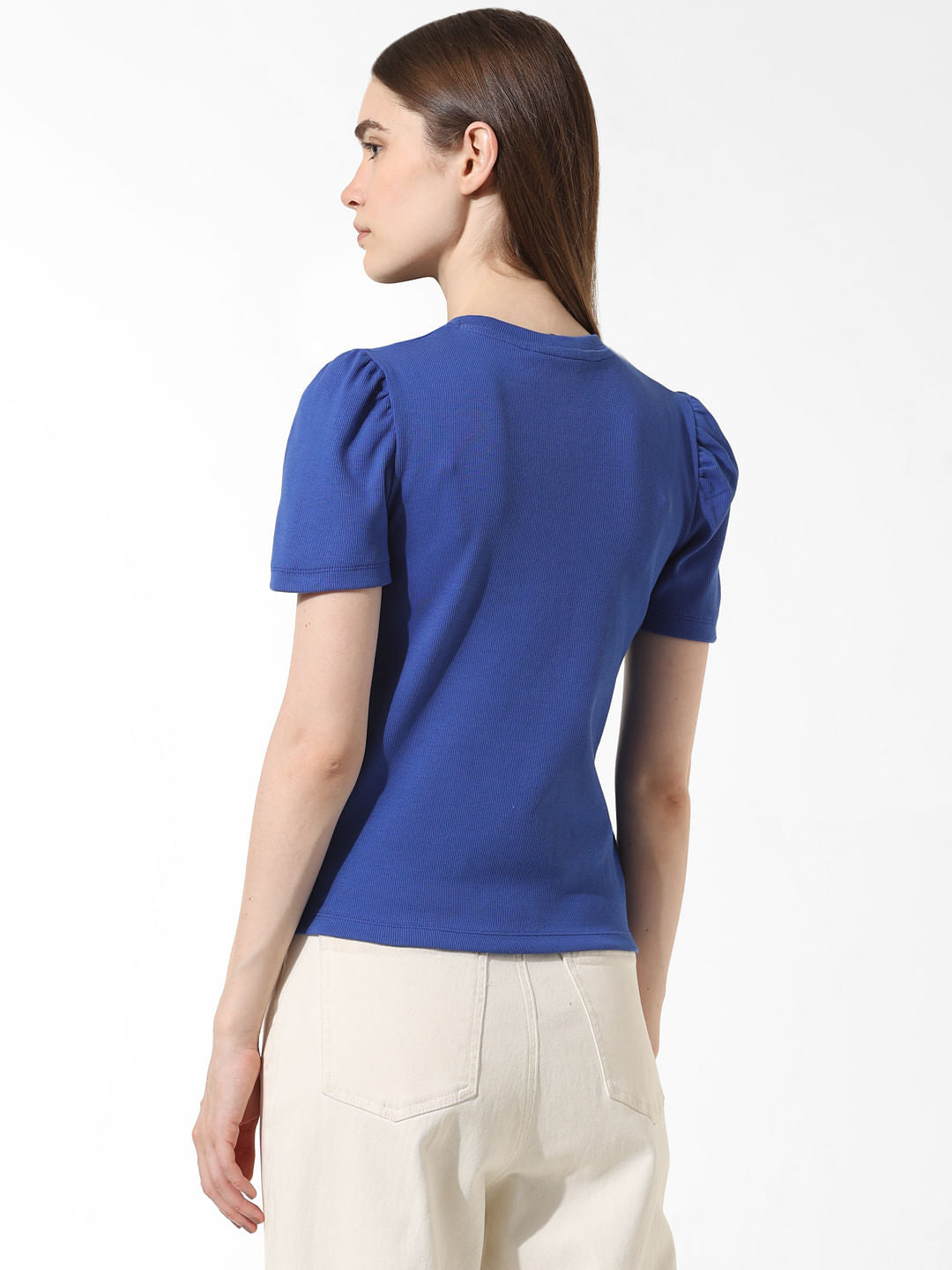 Blue Puff-Sleeves Top