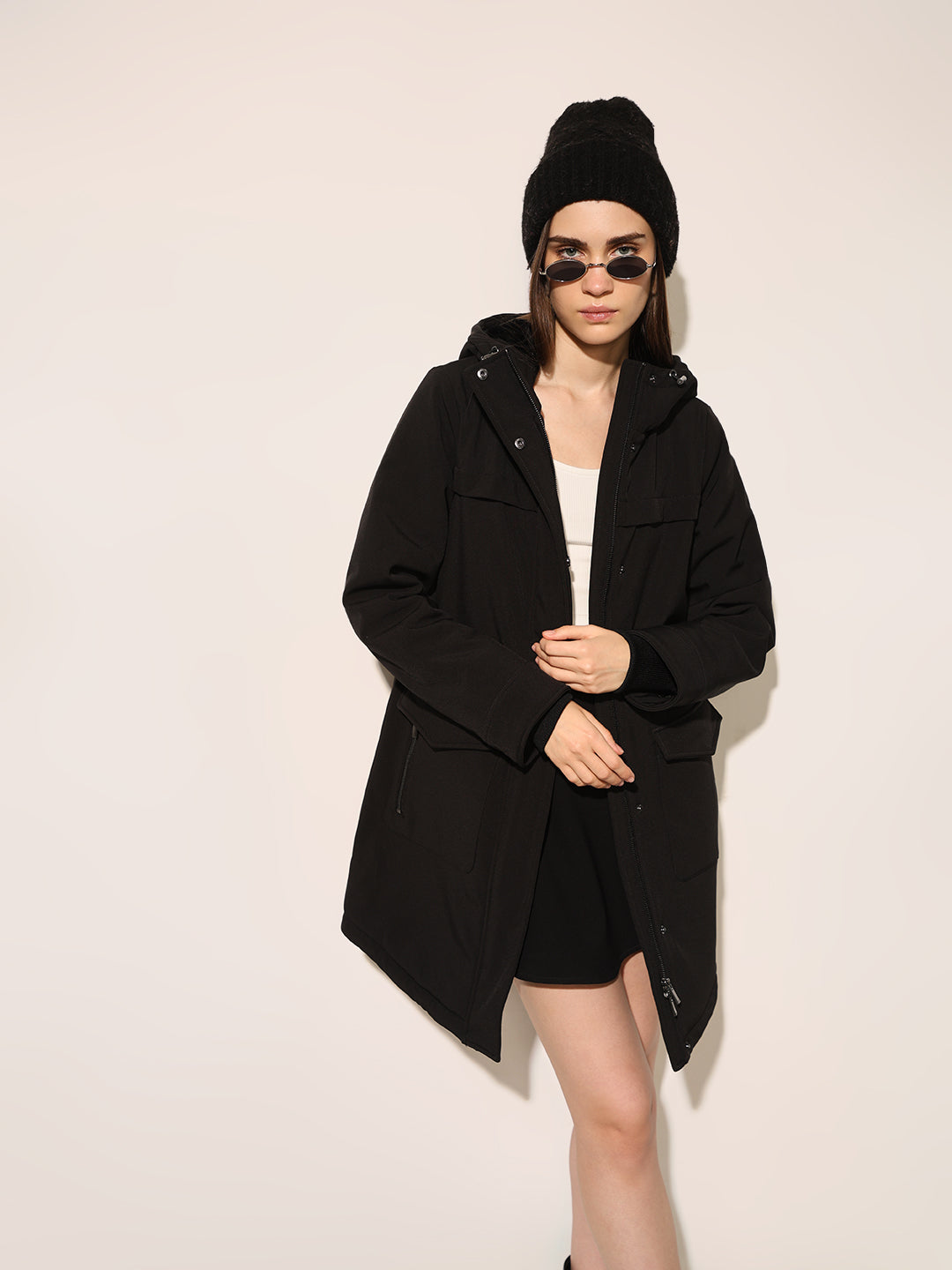Black Hooded Long Parka Coat