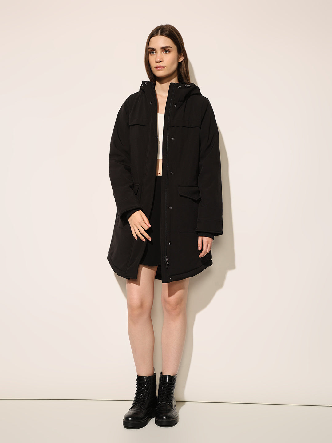 Black Hooded Long Parka Coat