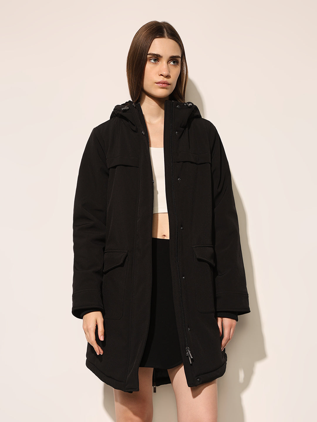 Black Hooded Long Parka Coat
