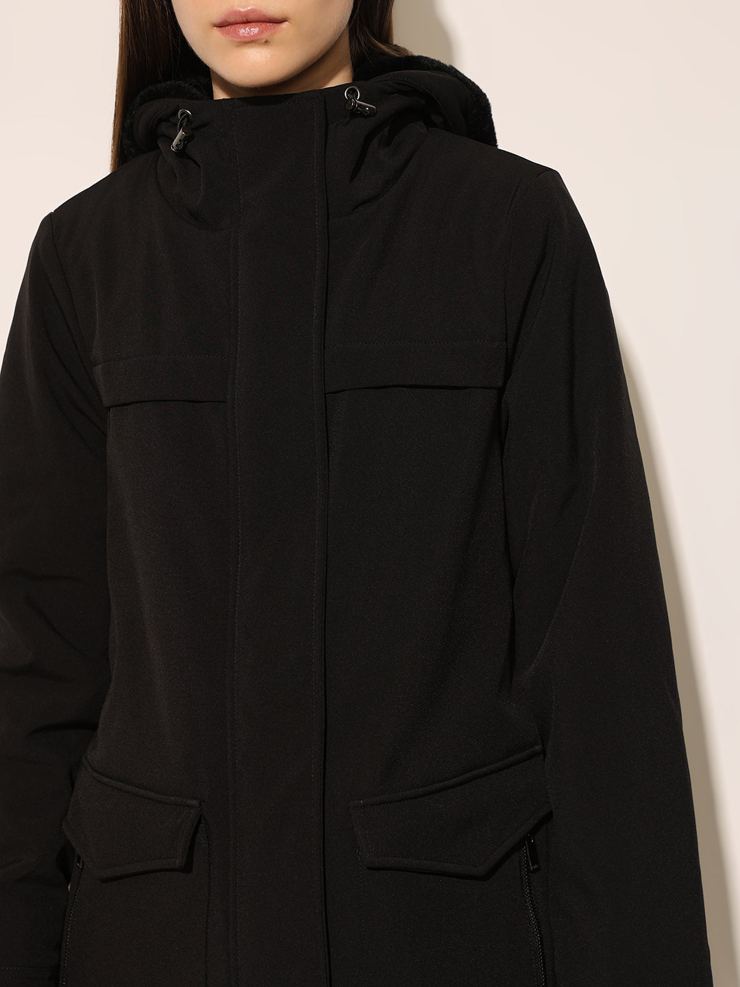 Black Hooded Long Parka Coat