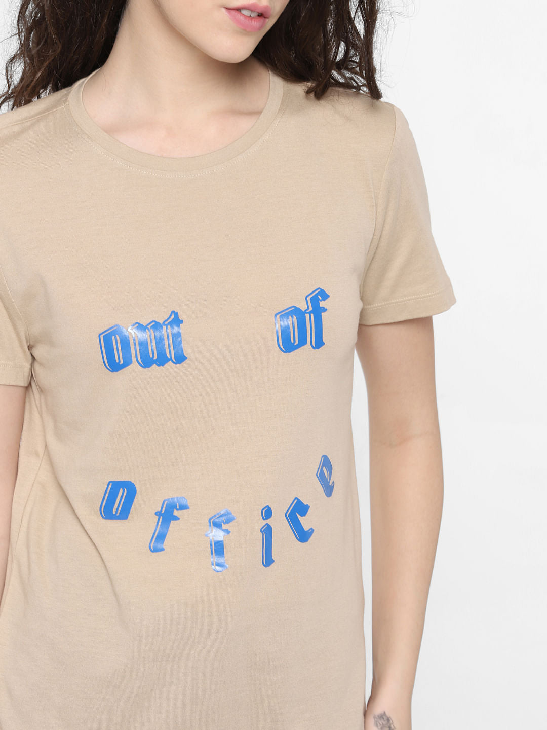 Beige Text Print T-Shirt