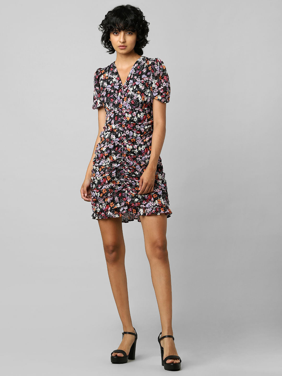 Black Floral Print Ruching Mini Dress
