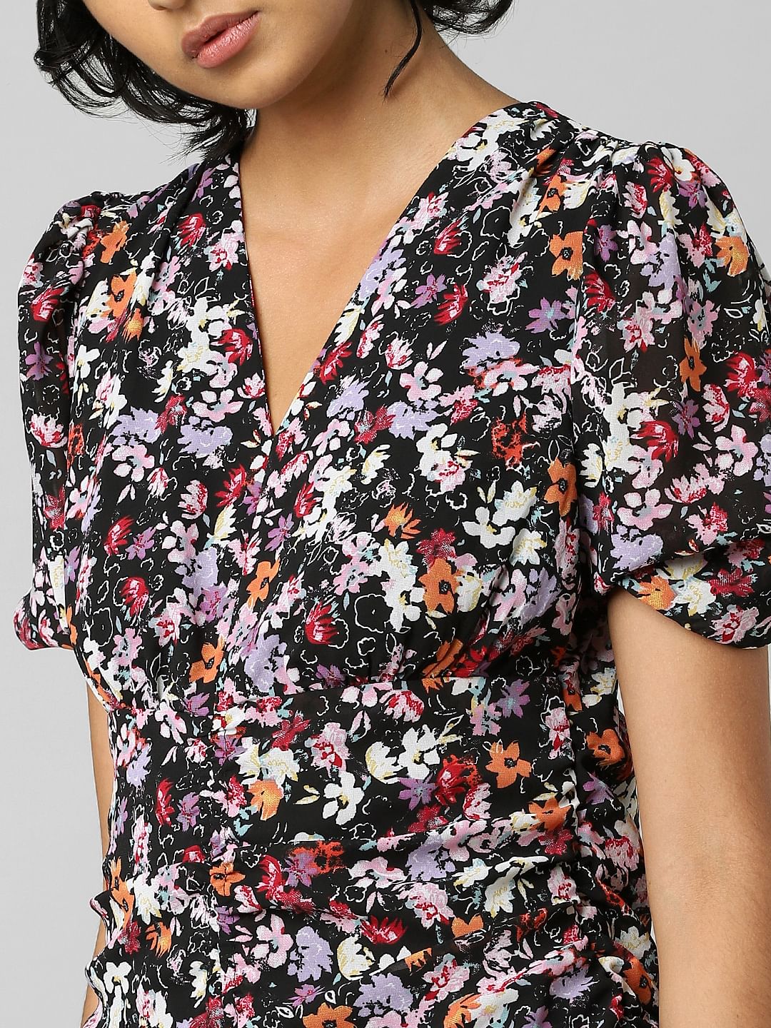 Black Floral Print Ruching Mini Dress