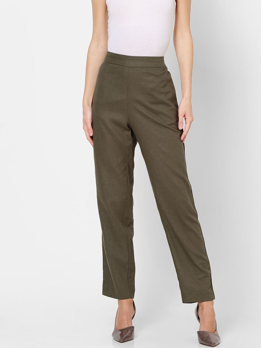 Green Mid Rise Tape Detail Linen Pants