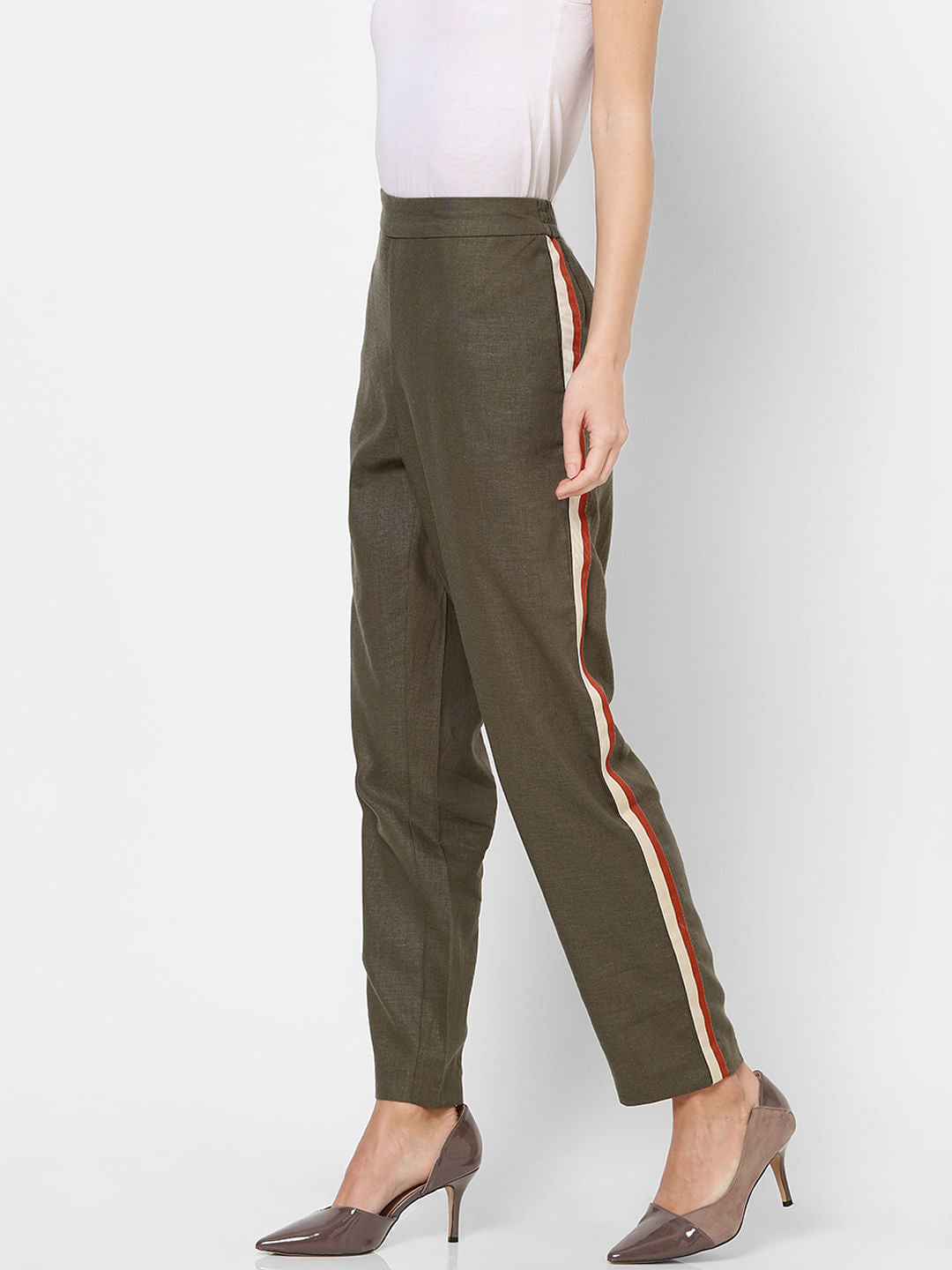Green Mid Rise Tape Detail Linen Pants