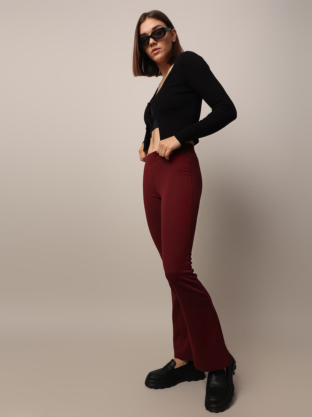 Maroon Stretch Flared Pants