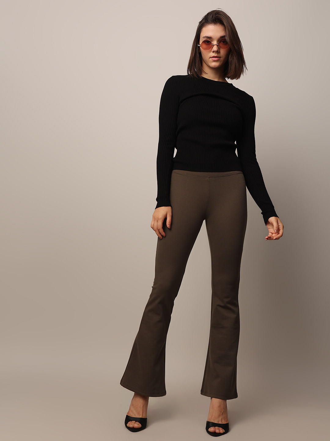 Olive Stretch Flared Pants