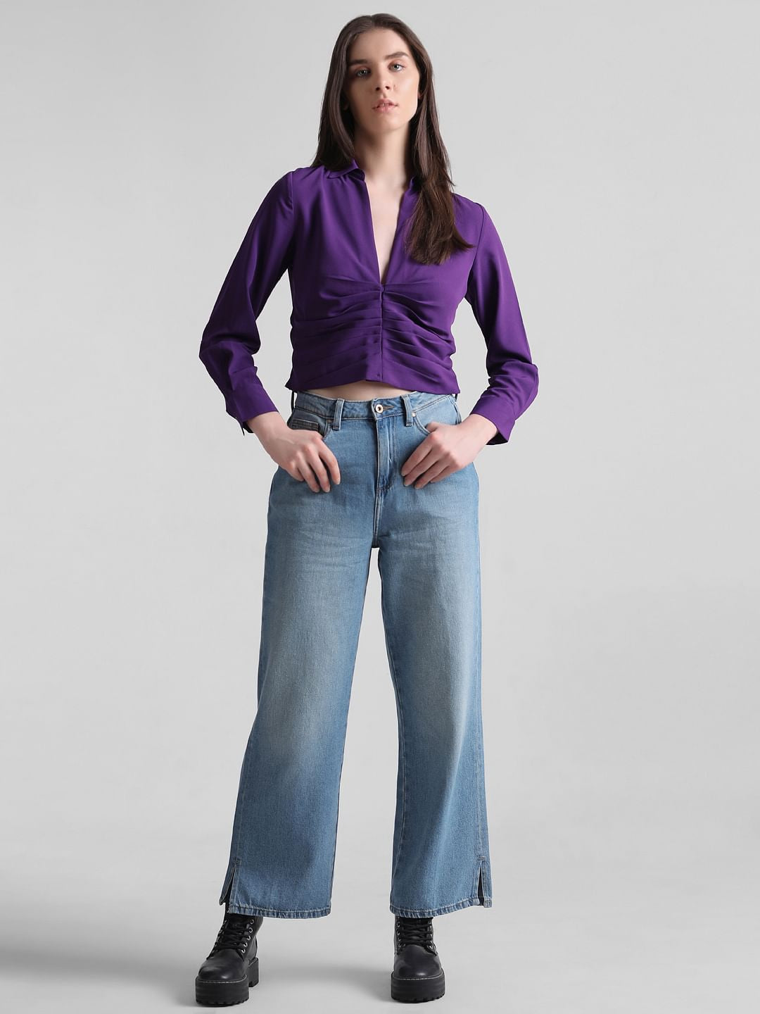 Purple Cropped Ruched Shirt