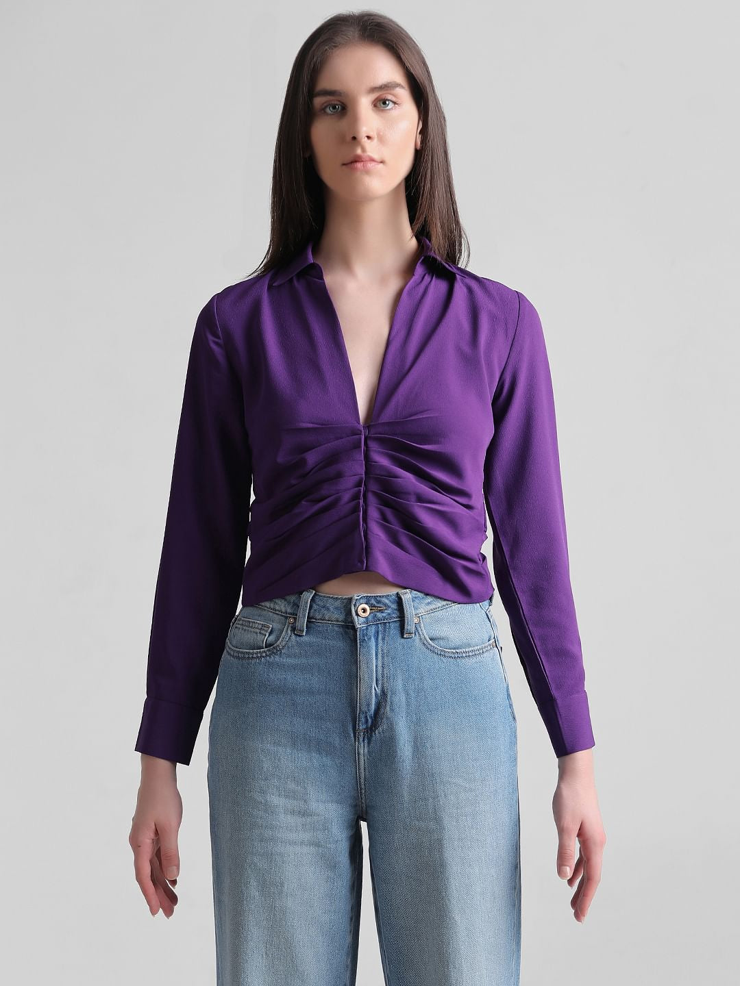 Purple Cropped Ruched Shirt