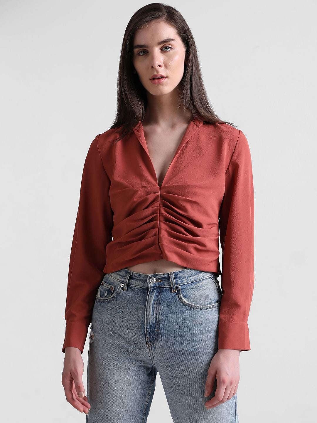 Brown Cropped Ruched Shirt