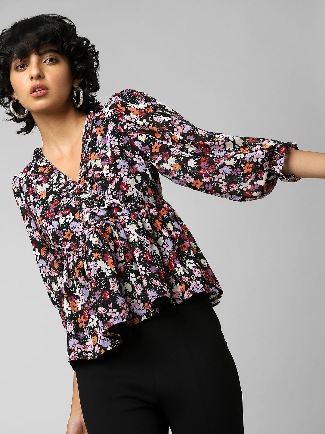 Black Floral Print Top