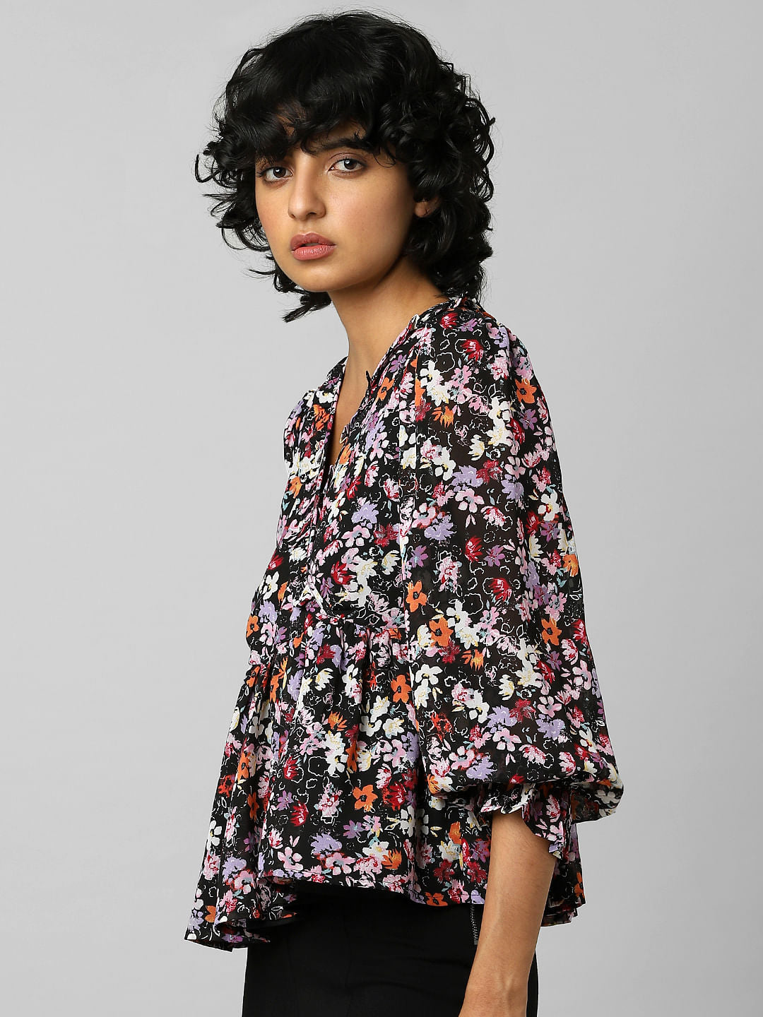 Black Floral Print Top