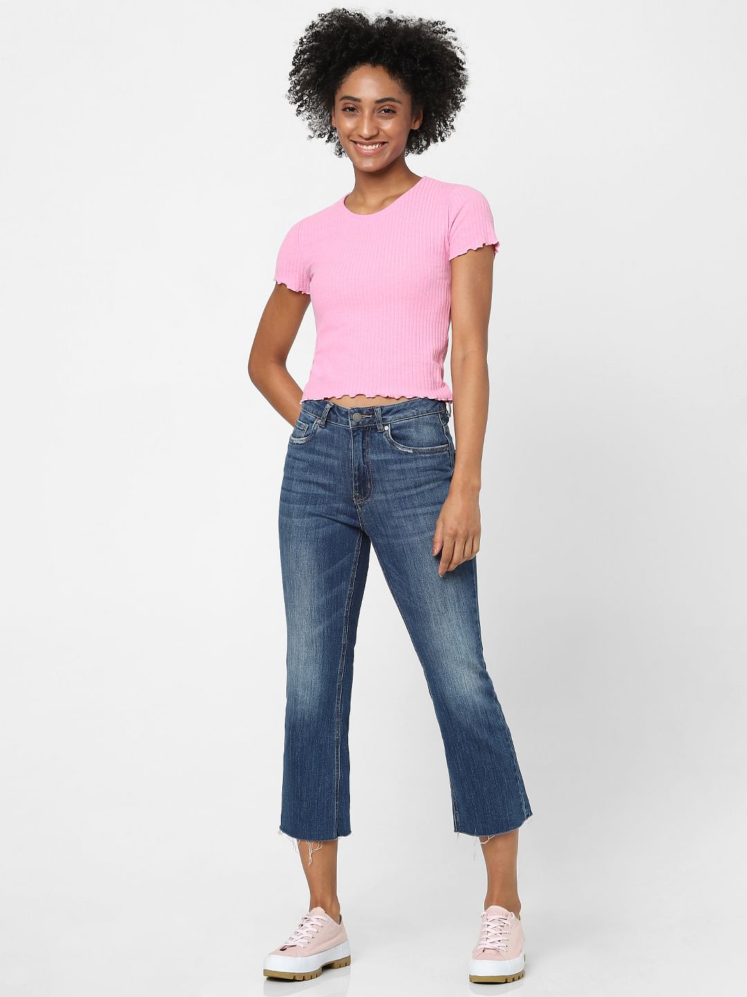 Pink Ribbed Cropped T-Shirt