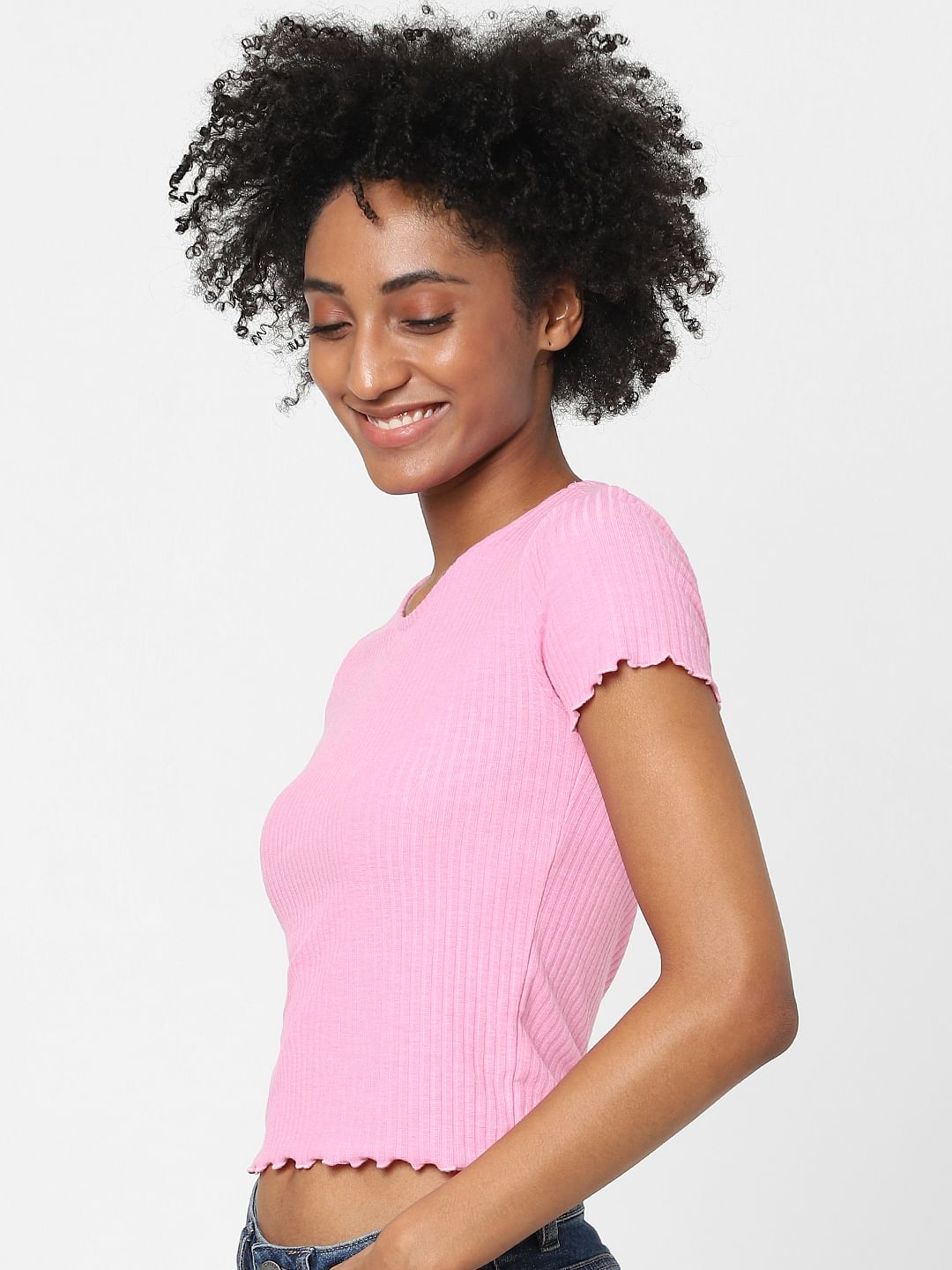 Pink Ribbed Cropped T-Shirt