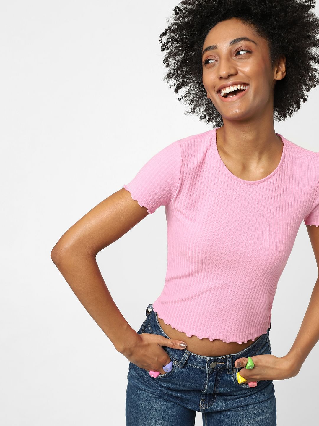Pink Ribbed Cropped T-Shirt