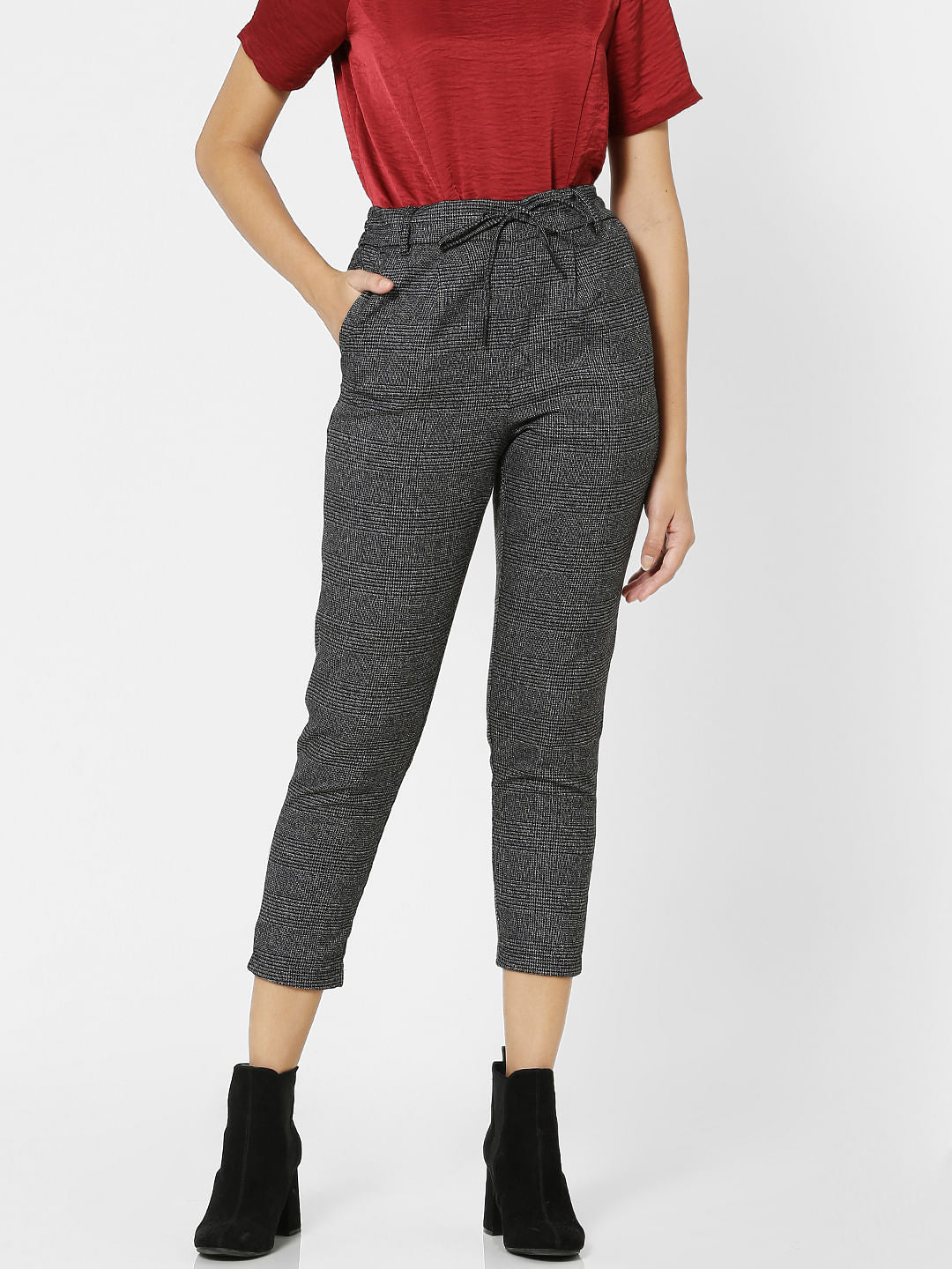 Black Mid Rise Check Pants